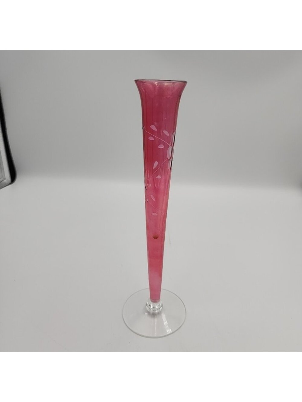 Vintage Hand Painted Etched Glass Bud Vase Cranberry Red 8.5"